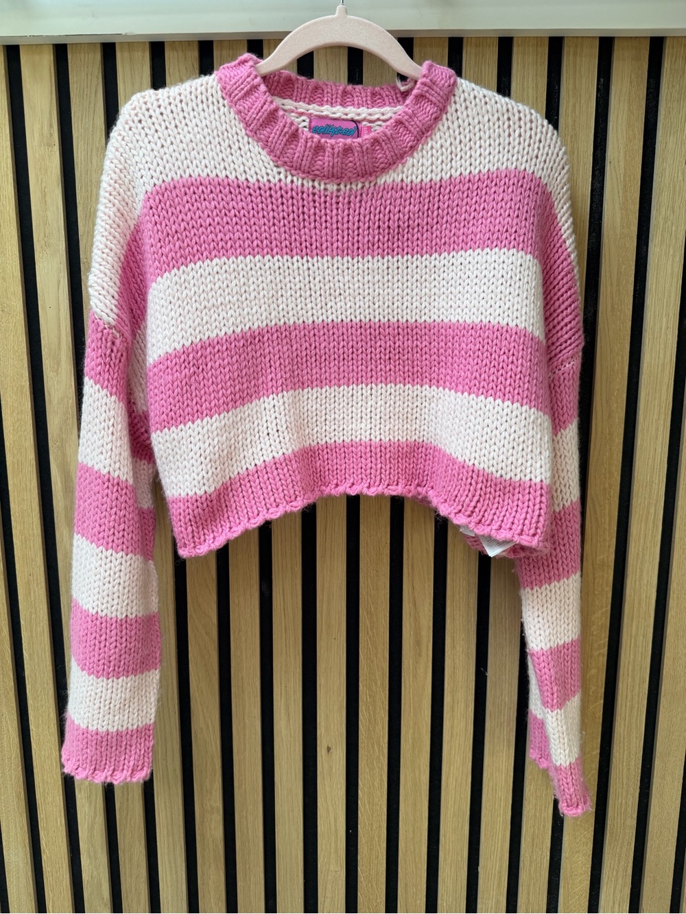 Edikted Pink & Cream Striped Cropped Crewneck Sweater